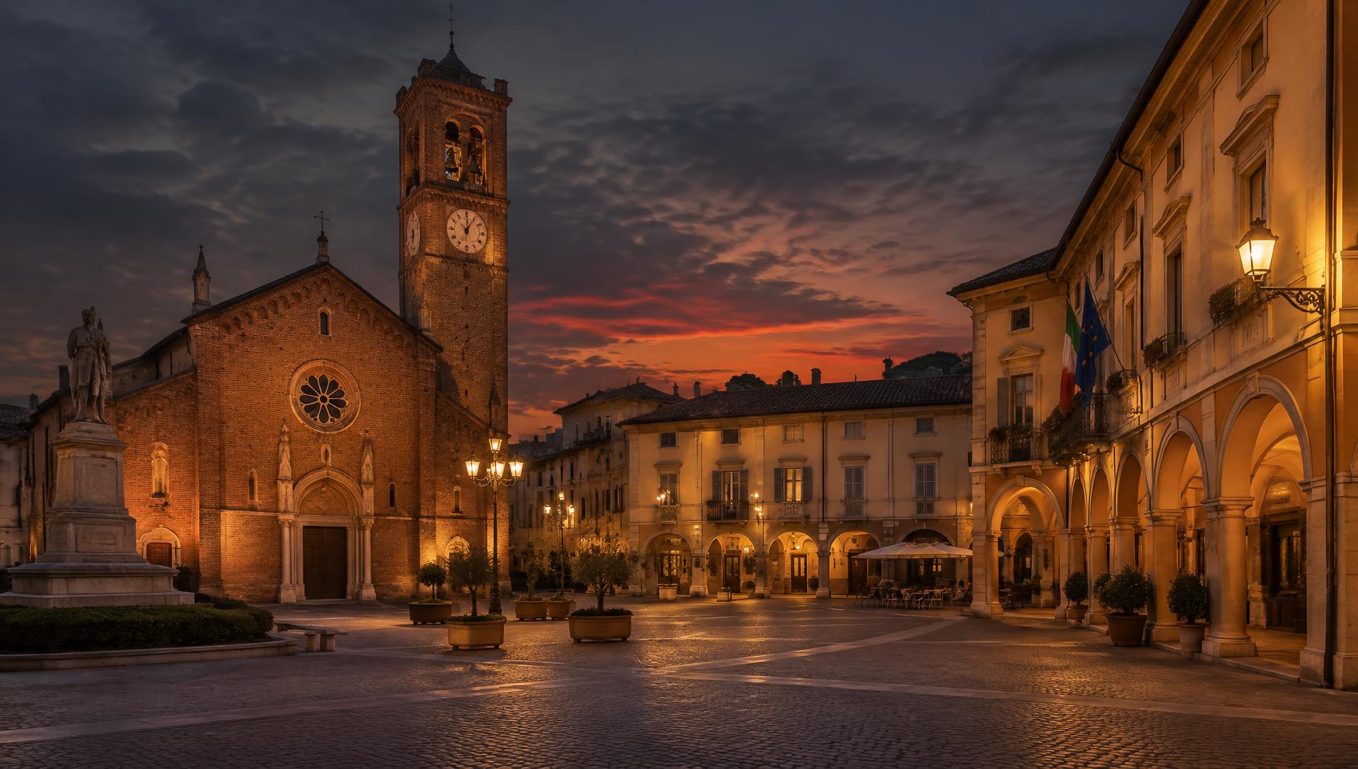 Piazza del centro storico di Magenta al tramonto